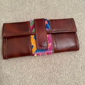 Vintage brown leather wallet with colorful embroidery